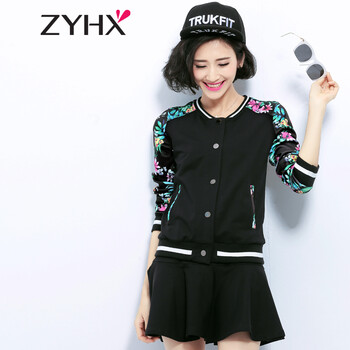 自由呼吸2015新款韩版印花运动服女款秋装 春秋时尚休闲外套 大码开衫卫衣女装 棒球服 黑蝴蝶兰 上衣 XXL