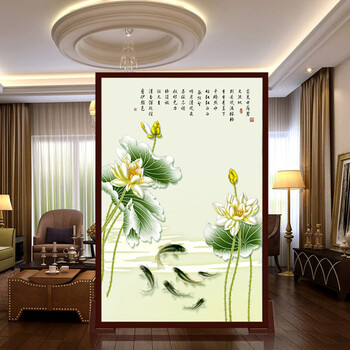 
                                        定制屏风 中式改善风水客厅玄关隔断帘 清荷雅趣 半透明 120cm宽X200cm高                