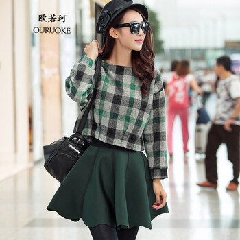 欧若珂    2015秋季新款两件套女套装时尚宽松空气层百褶短套裙S2516 图片色 L