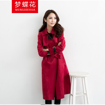 梦蝶花2015秋装新款修身鹿皮绒女式风衣中长款 休闲大码外套女潮 红色 M