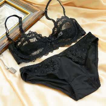 红色本命年透明文胸套装内衣女性感蕾丝结婚胸罩大码大胸显小 黑 42d=