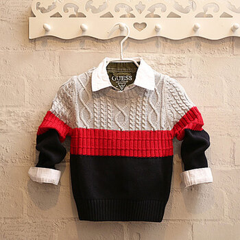 男童毛衣春秋童装中大童麻花拼色套头毛衫儿童针织衫 上灰下蓝 120cm