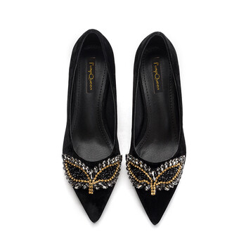 pump queen 高跟鞋绒面水钻尖头细跟女高跟鞋 黑色 35