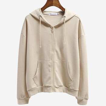 秋东大门韩版新款纯色连帽长袖开衫拉链女士卫衣女6092 卡其色 s