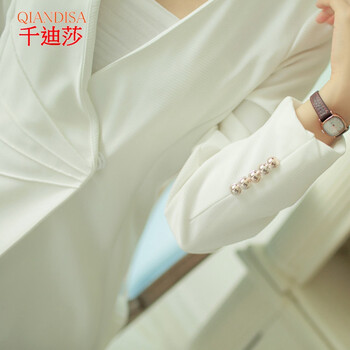千迪莎  2015秋装新款韩版显瘦V领外套通勤中长款小西装 女 白色 L