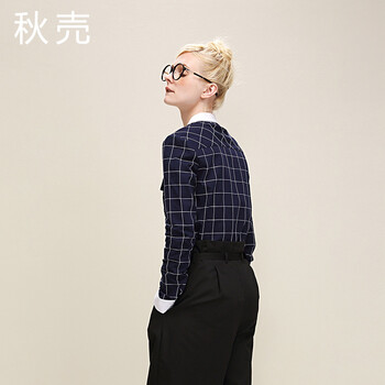 
                                        秋壳秋装新款拼接格子口袋衬衫女衬衣5530110040 白色 S                