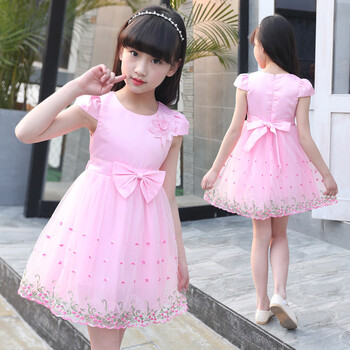 童装2018夏装新款中大女童裙小女孩粉色公主连衣裙潮 左胸花连衣裙