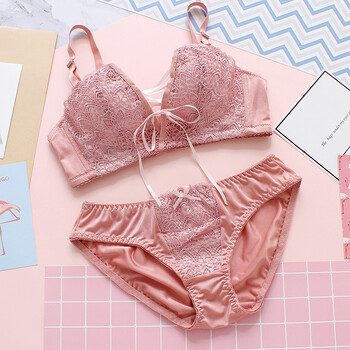 套装女文胸聚拢小胸厚性感蕾丝绑带胸罩日系学生高中少女文胸 粉红色