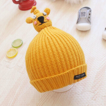 新款婴儿帽子秋冬季男童女宝宝可爱小丑保暖护耳毛线帽针织帽 黄色
