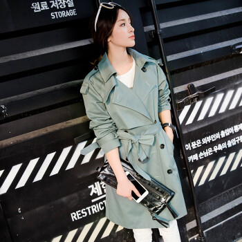 悠苑2015秋装新款韩版风衣女中长款时尚休闲显瘦外套女    蓝绿色 S