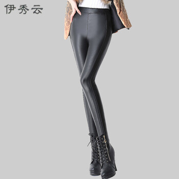 伊秀云2016秋装胖MM大码长裤四面弹力外穿打底裤PU皮裤女 黑色-0125# L