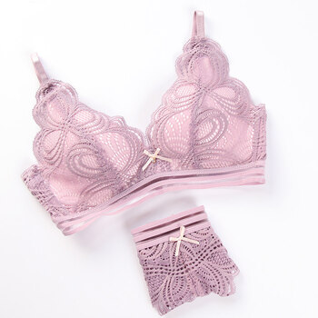 文胸无钢圈少女甜美蕾丝胸罩聚拢小胸内衣套装薄款夏季 紫色套装 80b