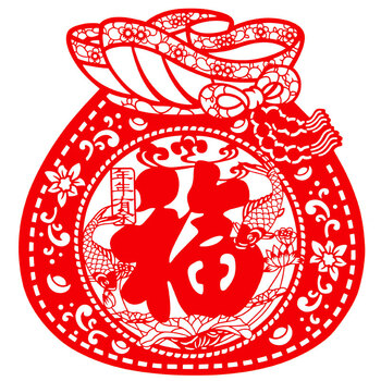 御祺轩民间特色剪纸窗花家居装饰年货玻璃贴植绒布招财福袋多款 红色 40*37厘米