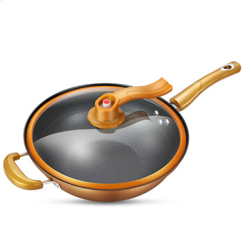 炒锅不粘锅无油烟家用麦饭石铁锅电磁炉燃气灶适用平底炒菜锅 金色