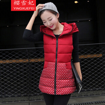 樱雪妃2015秋冬新款外套中长款马夹马甲拼接修身连帽棉服潮时尚女装 黑色 XL