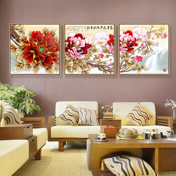 客厅装饰画沙发背景墙壁画卧室床头花卉三联画有框装饰画 花开富贵(三