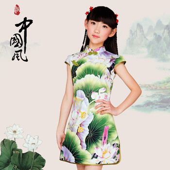 夏季儿童旗袍 小女孩唐装中童大童纯棉公主裙女童中式童装表演服 淡雅