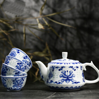 家用茶具 陶瓷 景德镇瓷器 套装 手绘中式青花瓷茶杯茶壶 手绘吉祥
