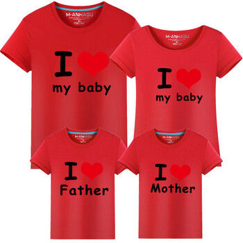 相相爱一家人 2018幸福亲子装夏装新款短袖t恤圆领印花上衣 红色 女童