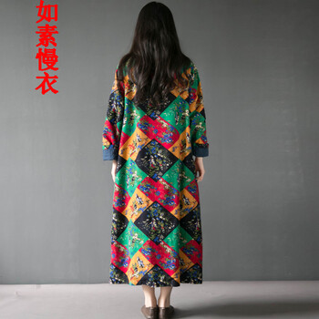 
                                        如素慢衣民族风棉麻女装印花盘扣长款风衣女大衣外套4308 菱形红色 均码                