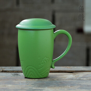 陶瓷马克杯茶杯水杯带盖办公室大容量泡茶杯喝茶杯 海浪办公杯 绿色