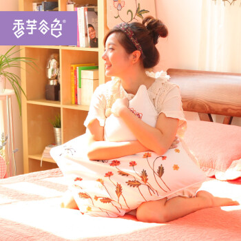香芋谷色 鲁绣田园可爱卡通抱枕套 长方形床头靠枕 大号汽车靠垫 花间 白色底-蝴蝶小花款 50x40cm抱枕套+枕芯