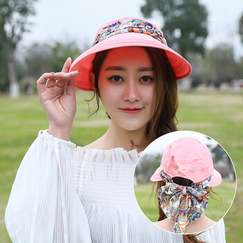 太阳帽夏天季遮阳帽防晒防紫外线遮脸折叠沙滩凉帽 粉红色 纱巾款粉红