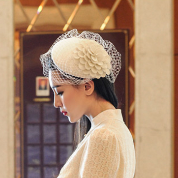复古名媛气质小礼帽女秋冬 民国风洋装帽子 新娘网帽网纱礼服头饰 米