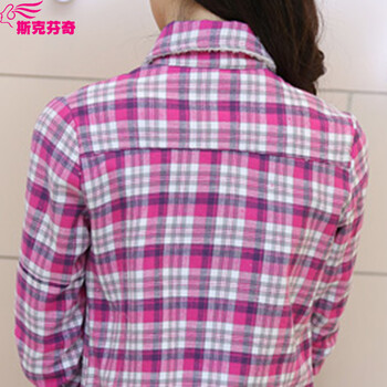 斯克芬奇2015秋冬新款加绒加厚长袖格子衬衫 女CS8002 玫红 L