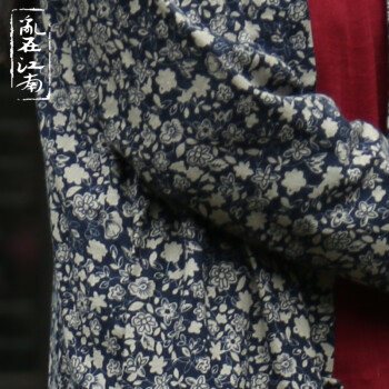 乱在江南春秋款民族风长款风衣女立领盘扣长款水洗碎花棉麻外套 藏青色 均码