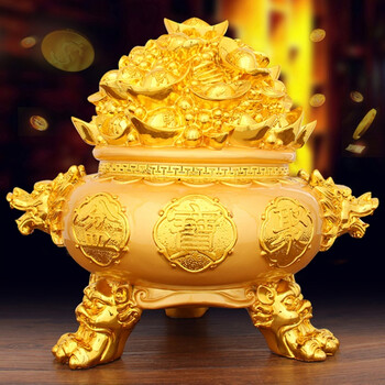聚宝盆摆件存储钱罐大号 金元宝客厅办公室风水工艺礼品摆设 大号镀金