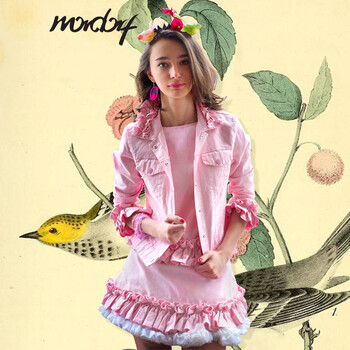 Mordorf2015秋季新款牛仔外套 欧美街头荷叶边短款女 粉红色 XL