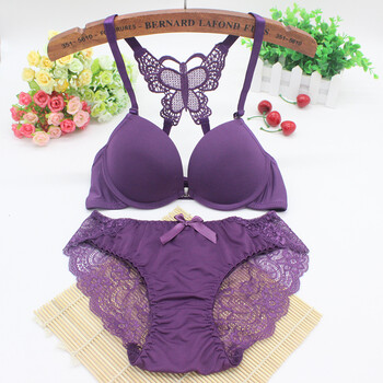 前扣美背聚拢文胸罩少女士厚薄款蕾丝性感内衣少女小胸罩套装 紫色