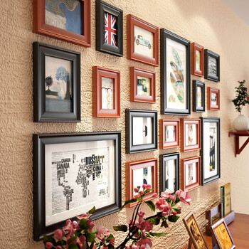 照片墙大厅装饰墙上相册墙长方形实木画框文化墙面创意组合镜框子 黑