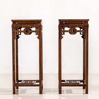 开齐礼坊 明清古典红木鸡翅木花架 实木别墅客厅中式仿古置物架铜钱