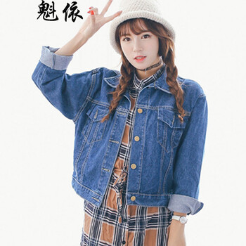 魁依2015秋冬宽松蝙蝠大码韩版绣花长袖夹克牛仔外套女 灰色 S