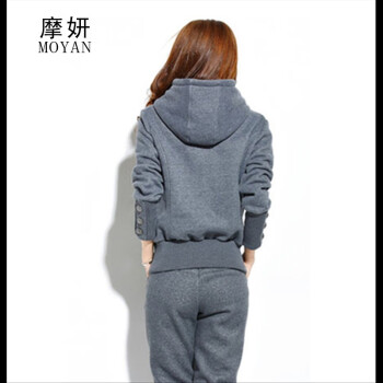 摩妍2015韩版大码休闲套装加厚运动套装加绒卫衣套装女冬装外套 灰色 M