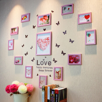 照片墙心形 蝴蝶爱心贴纸装饰相片墙挂墙组合女生卧室相框墙爱心 粉红