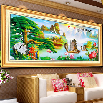 
                                        初艺 新款5D魔方钻石画客厅一帆风顺迎客松大旭日东升2米砖石秀山水钻点钻圆钻粘贴钻十字绣 5D高清油画布魔方圆钻 尺寸200X78cm                