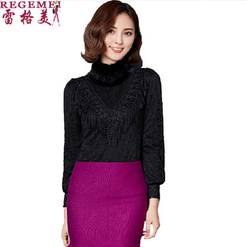 雷格美 2016秋冬季新款蕾丝衫女秋加绒加厚高领打底衫女时尚修身上衣女 黑色 L