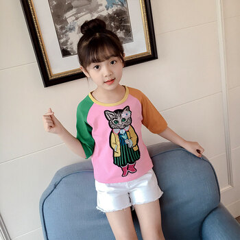 女童夏季短袖t恤上衣儿童夏装撞色洋气2018新款时髦5岁小女孩衣服