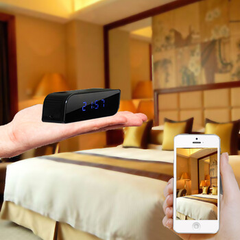 手机远程wifi时钟录像监视器高清wifi网络监控器小型网络摄像头时钟无线摄像机 亮黑 标配+32G卡