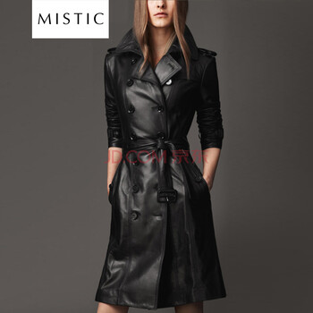 MISTIC 皮风衣女 2015秋冬新款欧美中长款修身显瘦双排扣黑色休闲女装外套有大码 黑色 M