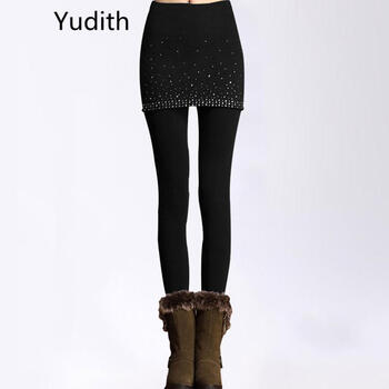 Yudith2015秋冬大码假两件包臀贴钻大摆假两件纯色打底裤女 8852菱形钻石深灰 均码
