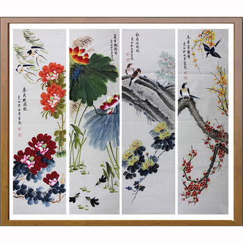 省美协会员 司曼如  工笔花鸟四条屏06拍卖已结束职业派禅宗派画家