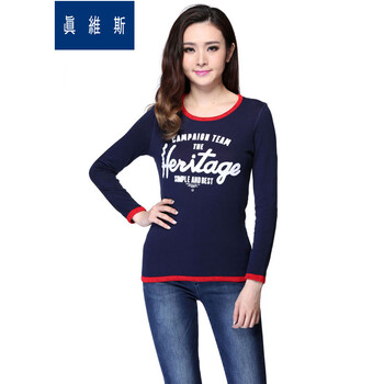 真维斯女装 秋装  韩版时尚双面穿圆领印花休闲长袖T恤JW-54-271017 8581 黑蓝色 M