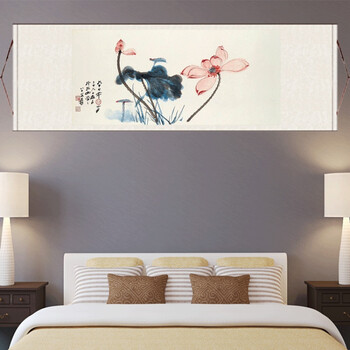知茗 清雅荷花丝绸卷轴画挂画名家花鸟画客厅挂画横幅字画定制已装裱
