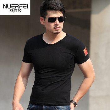 军装男士t恤特种兵纯棉半袖衣服狼头夏特警t恤上衣 v领黑色左臂单红旗