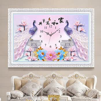 钻石画 客厅贴钻十字绣 diy 家和万事兴钟表孔雀开屏点钻钻石绣 40*60
