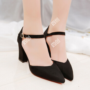 四创5cm高跟鞋女磨砂一字扣尖头粗跟优雅职业裸粉色少女18岁韩版宴会